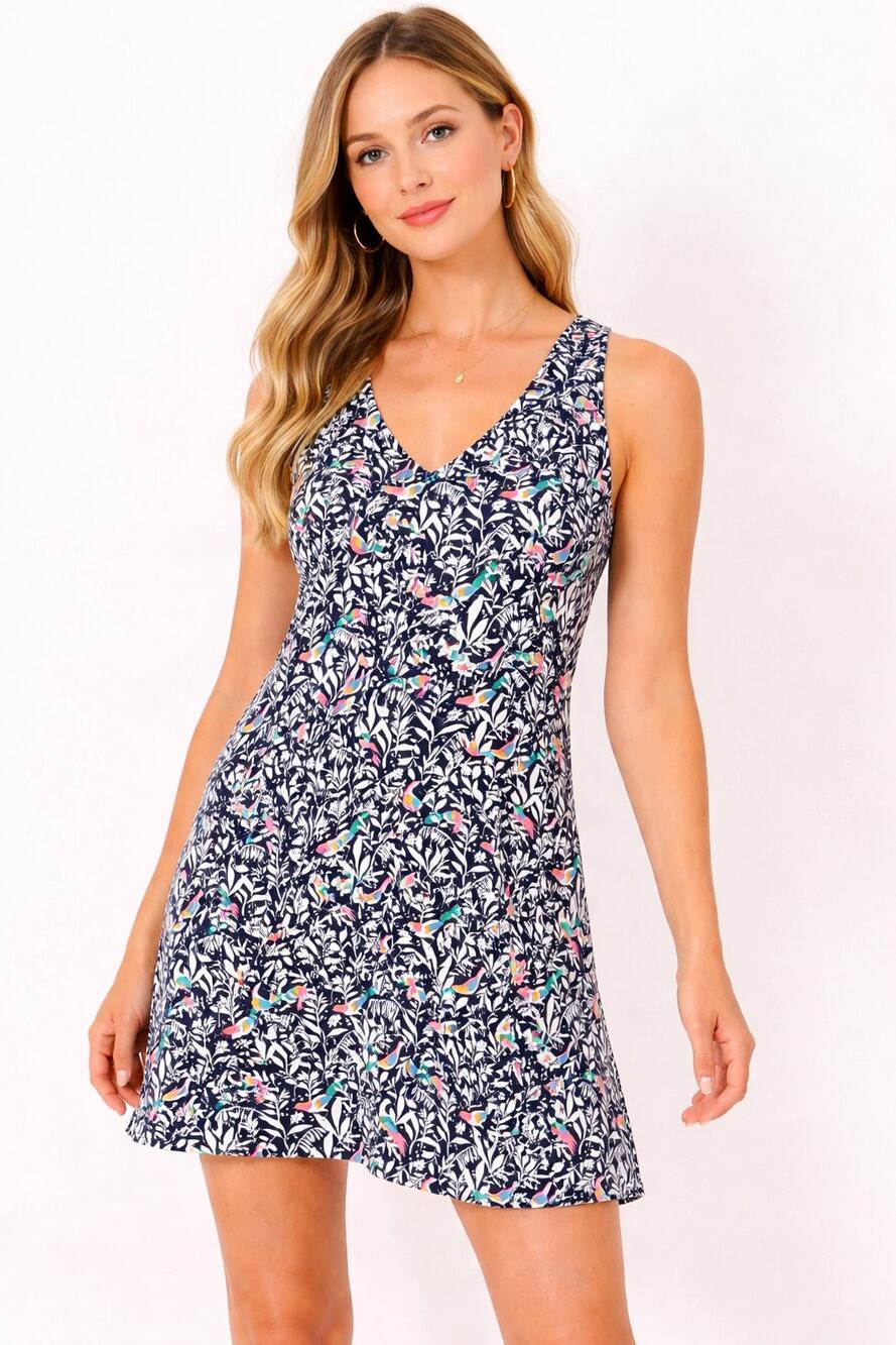 Loft Bird Print V Neck Sleeveless Mini Dress Womens Size Small New Navy Blue